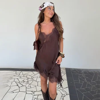 Robe dentelle femme spaghetti sans manches sexy été fête