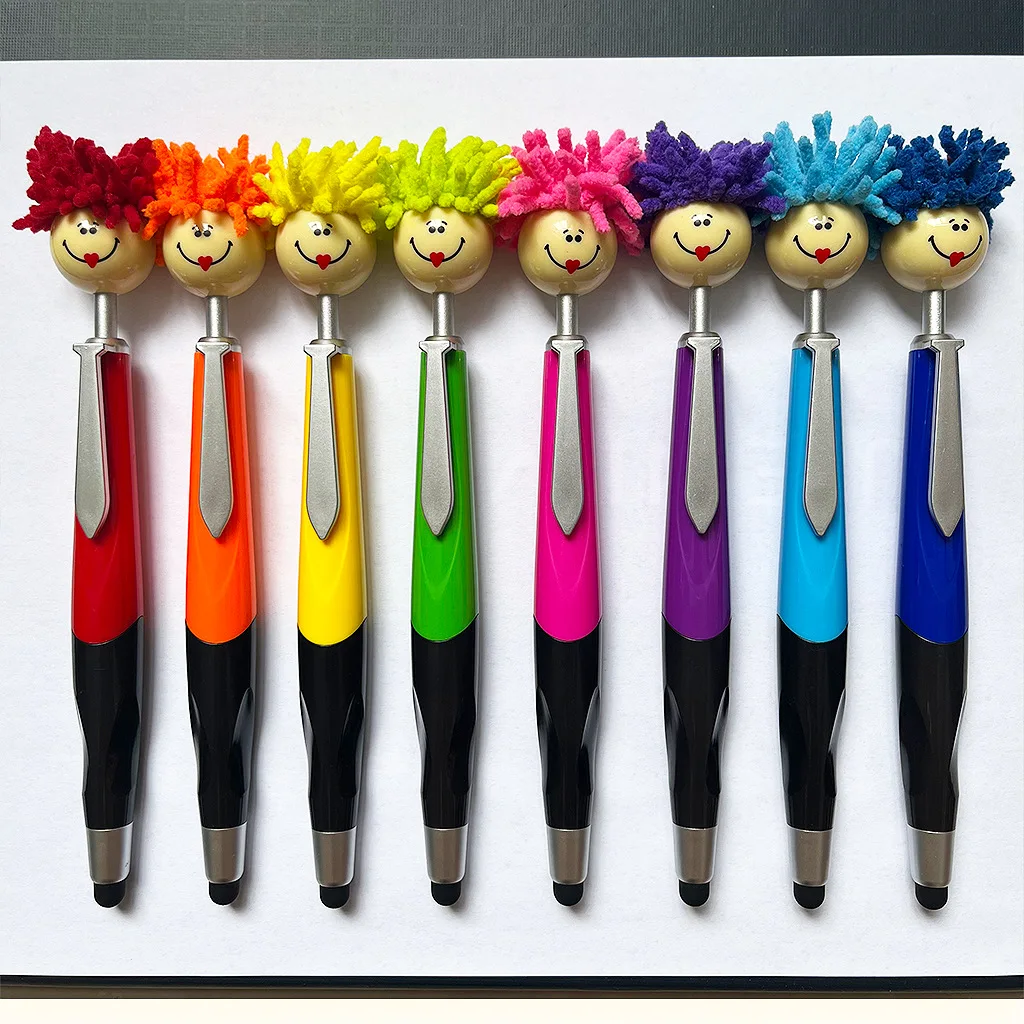 6PCS süße Plüsch Puppe Kopf Kugelschreiber mit Druckknopf Smiley Gesicht Stylus Touch Geschenk Schreibstift – Detail 3