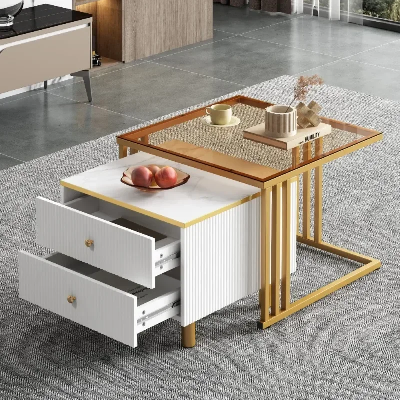 Eleganter 2-teiliger Couchtisch, quadratischer Tisch in braunem Glas und Marmoroptik, 59,5x60x45,6cm +50x50x40cm, 2 Schubladen,