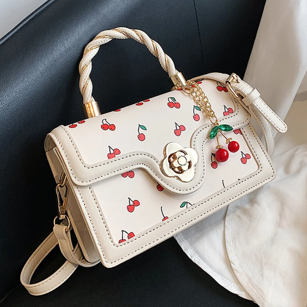 Women Cherry Shoulder Bag Adjustable Strap Cherry Square Chain Bag Versatile Cherry Pattern Sling Bag Female Daily Commute Bag