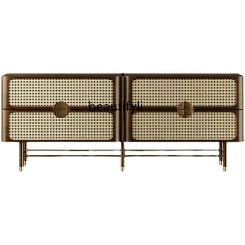 

Italian Light Luxury Villa Hotel Solid Wood Rattan Lobby Entrance Cabinet Model Room Curio Cabinet