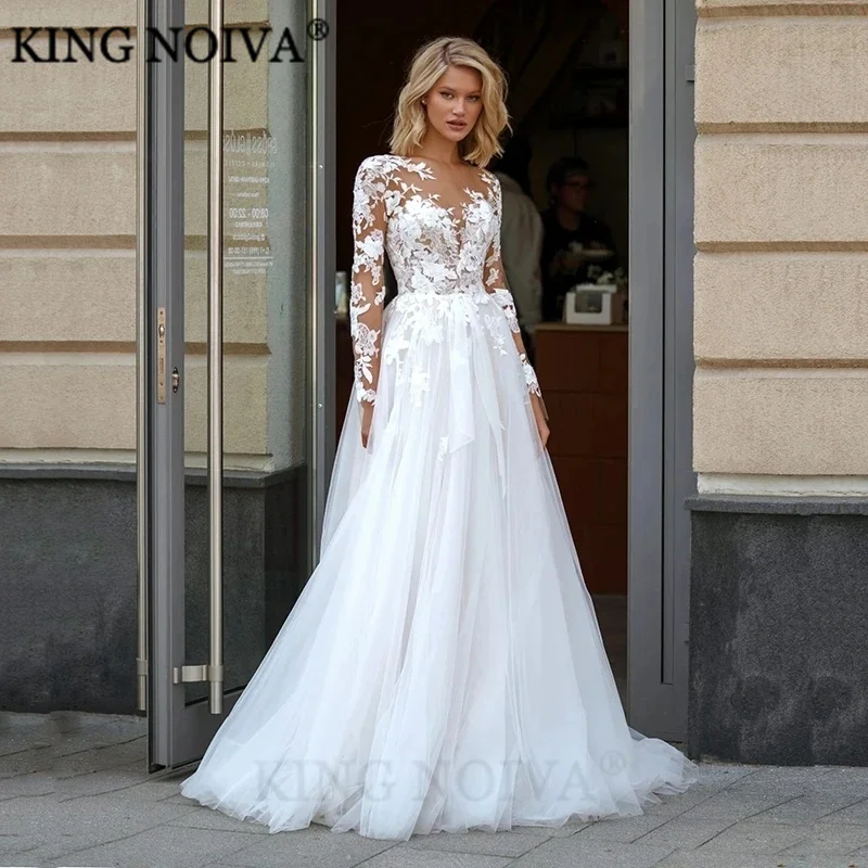

KING Vintage Illusion Appliques A-Line Wedding Dresses For Women 2024 Boho Lace Floor Length Tulle Bride Gown Vestido De Novia