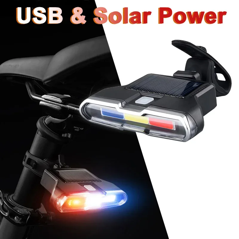 Rechargeable Bicycle Tail Light Solar Power Bike Rear Light Long Endurance Road Cycling Warning Flashlight Taillight MTB Lamp