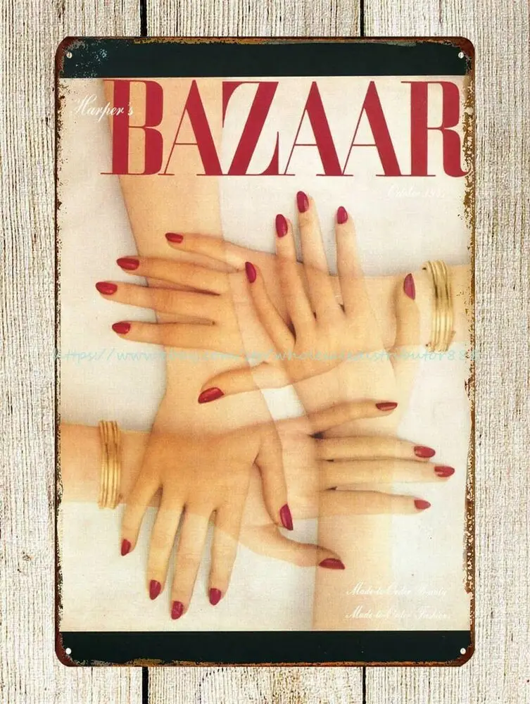 room plaque 1940s fashion magazine Harper's Bazaar Cover hands metal tin sign | Дом и сад