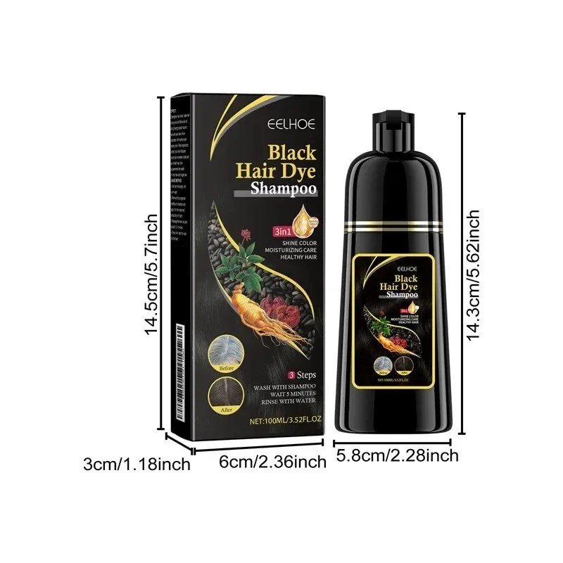 EELHOE Shampoo Colorante per Capelli 3 in 1 Nero, Naturale a Base di Erbe e Ginseng, per Coprire i Capelli Grigi e Bianchi, Colore Duraturo, 100ML - immagine 3