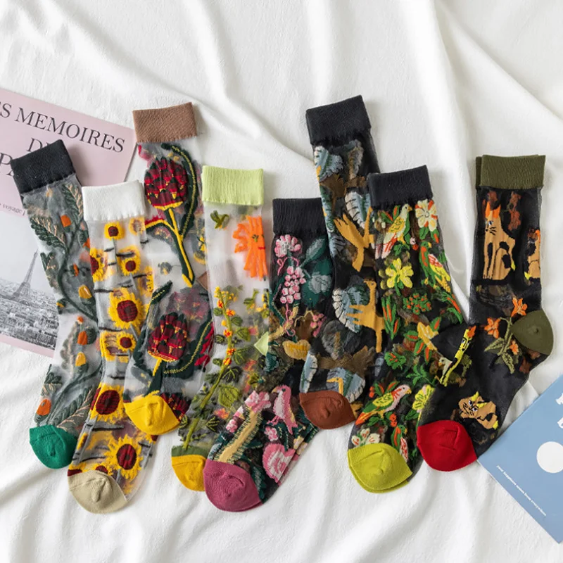 1pair Women Jacquard Socks Summer Creative Floral Transparent Silk Print All-match Ultrathin Fashion Korea Style Glass Silk Sock