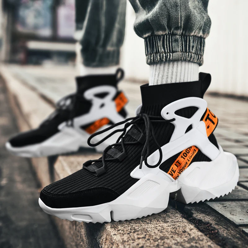 Light Men Sneakers High Top Sock Shoes Breathable Sports Walking Shoes Thick Bottom Men Casual Large Size 39-46
