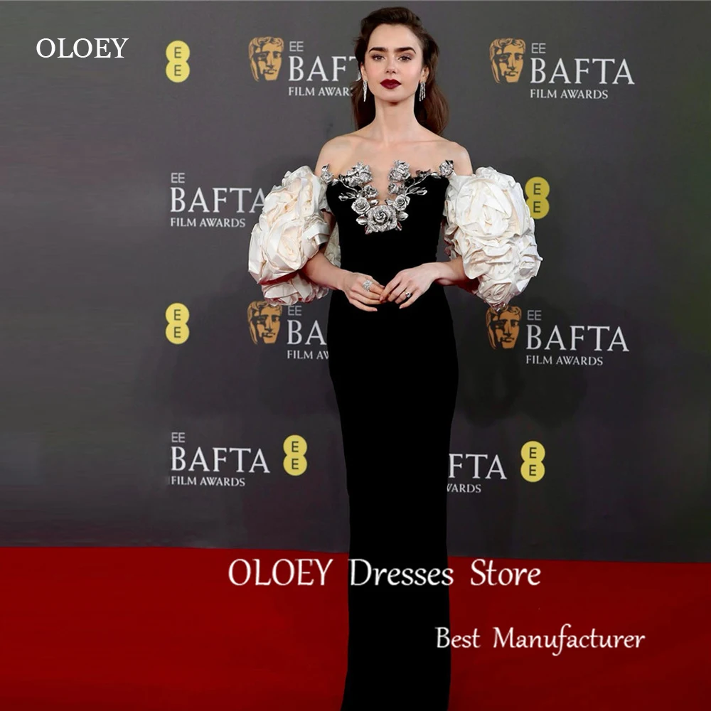 

OLOEY Modern Black Velvet Women Celebrity Dresses Long Evening Gowns Sweetheart 3D Flowers Puff Sleeves Formal Party Occasion Go