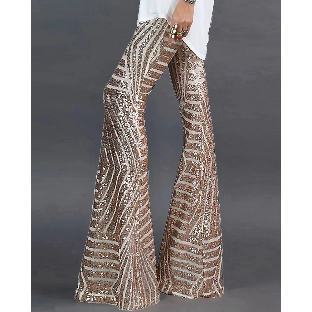 2024 Summer Women Vintage Striped Sequin Glitter Nightclub Skinny Flared Pants Female Long Pants Streetwear y2k Ball Trousers