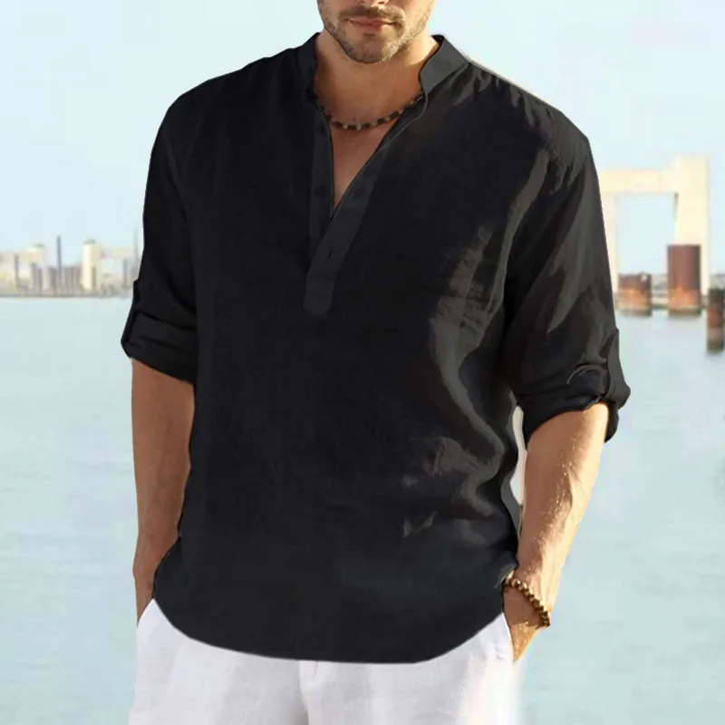 

2023 Fashion Popular Casual Men's Loose Shirt Shirt Men's Fashion Stand Collar Cotton Linen Long Sleeve Solid Color Men's Style