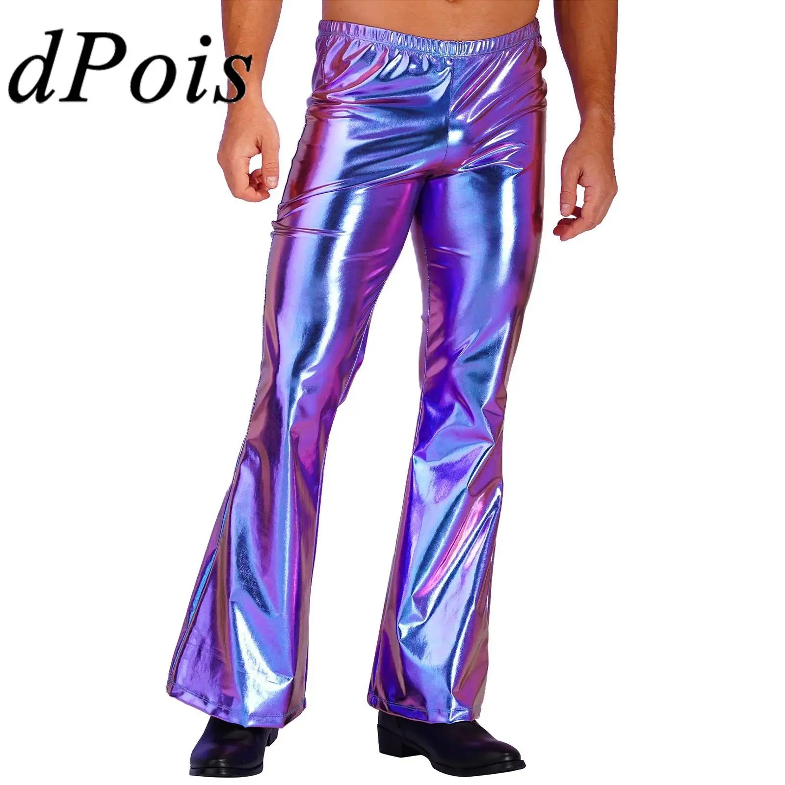 Men Shiny Metallic Flared Disco Pants Bell Bottom Long Pants