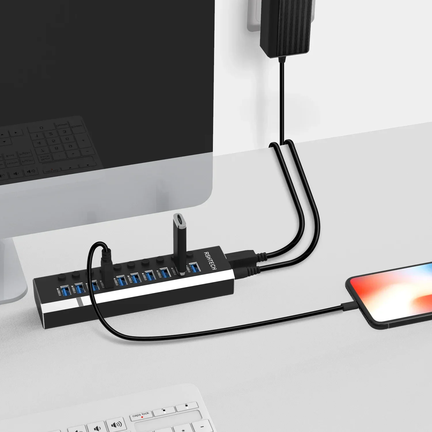 USB C 3.2 Hub Actief met voeding, RSHTECH 7-poorts USB 3.1 Gen2 Hub met 3* 10Gbps datapoorten (Type-A, 2*Type-C), 4*Type-A 3.0 poorten 5Gbps, Touch-schakelaar, 2-in-1 datakabel (100cm), 15W 5V/3A USB C 3.2 Hub Actief met voeding, RSHTECH 7-poorts USB 3.1 Gen2 Hub met 3* 10Gbps datapoorten (Type-A, 2*Type-C), 4*Type-A 3.0 poorten 5Gbps, Touch-schakelaar, 2-in-1 datakabel (100cm), 15W 5V/3A
