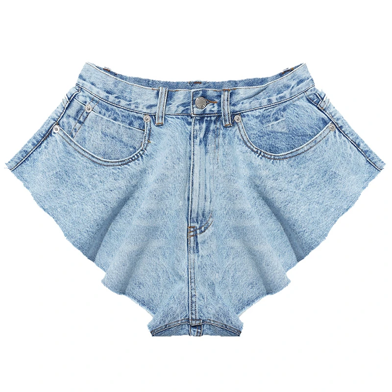 Fashion 2022 Summer And Autumn Sexy Ruffled Hem Big Wide Leg Lace Up Mid-waist Waist Bag Zipper Loose Mini Denim Shorts Women