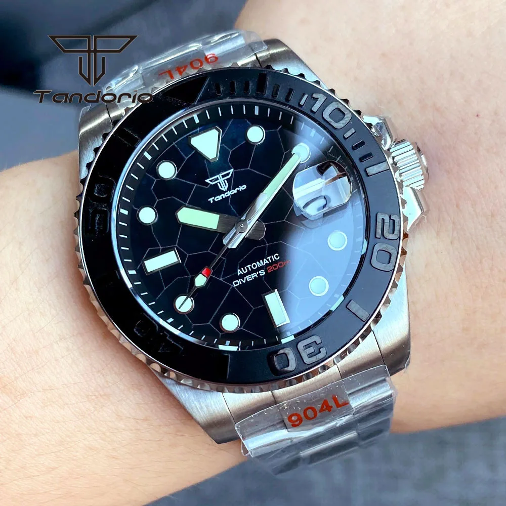 Tandorio NH35A Sapphire 40mm Classic 20Bar Dive Automatic Watch for Men Luminous Black MOP Dial Rotating Bezel Date Screw Crown