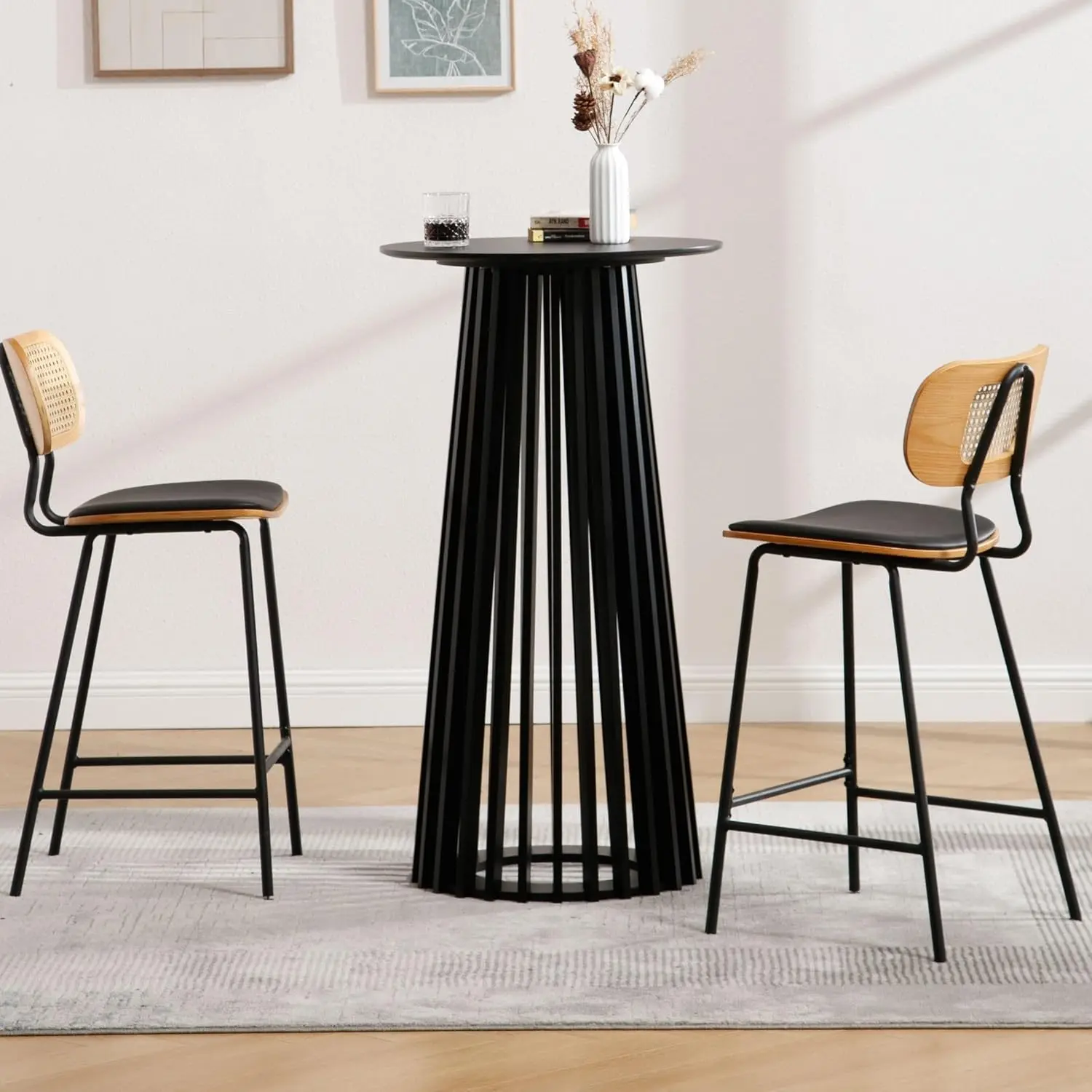 43.5" High Round Bar Table, Modern Wood Cocktail Table with Columnar Wooden Strips Base, Stylish Pub Table for Bistro Parties 5