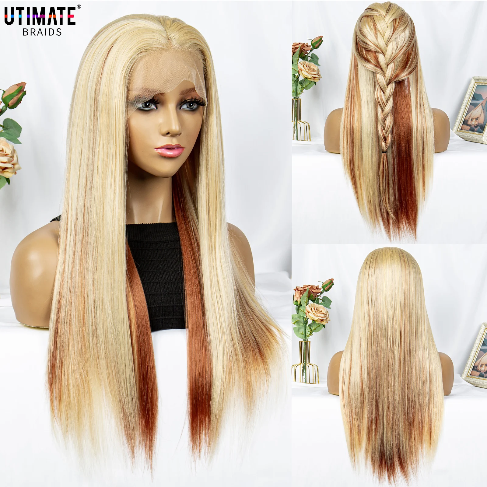 

20Inches Long Straight Lace frontal Synthetic Wigs Brown Highlight Middle Part Lolita Cosplay Natural Hair Heat Resistant Fiber