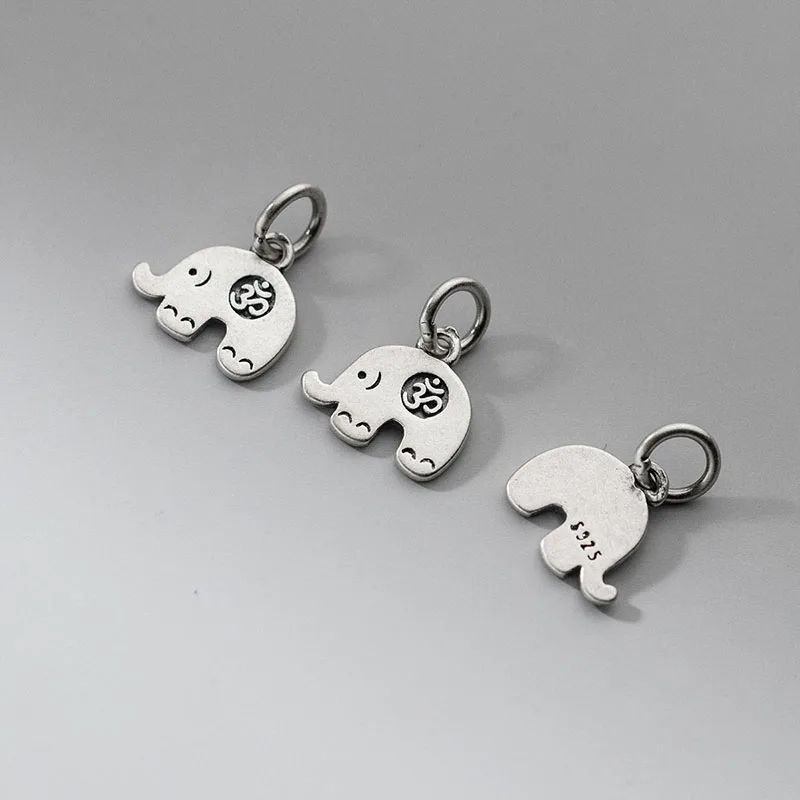 S925 Silver Plain Silver Old Vintage Pattern Elephant Pendant Hand String Pendant Handmade Rope Material Accessories