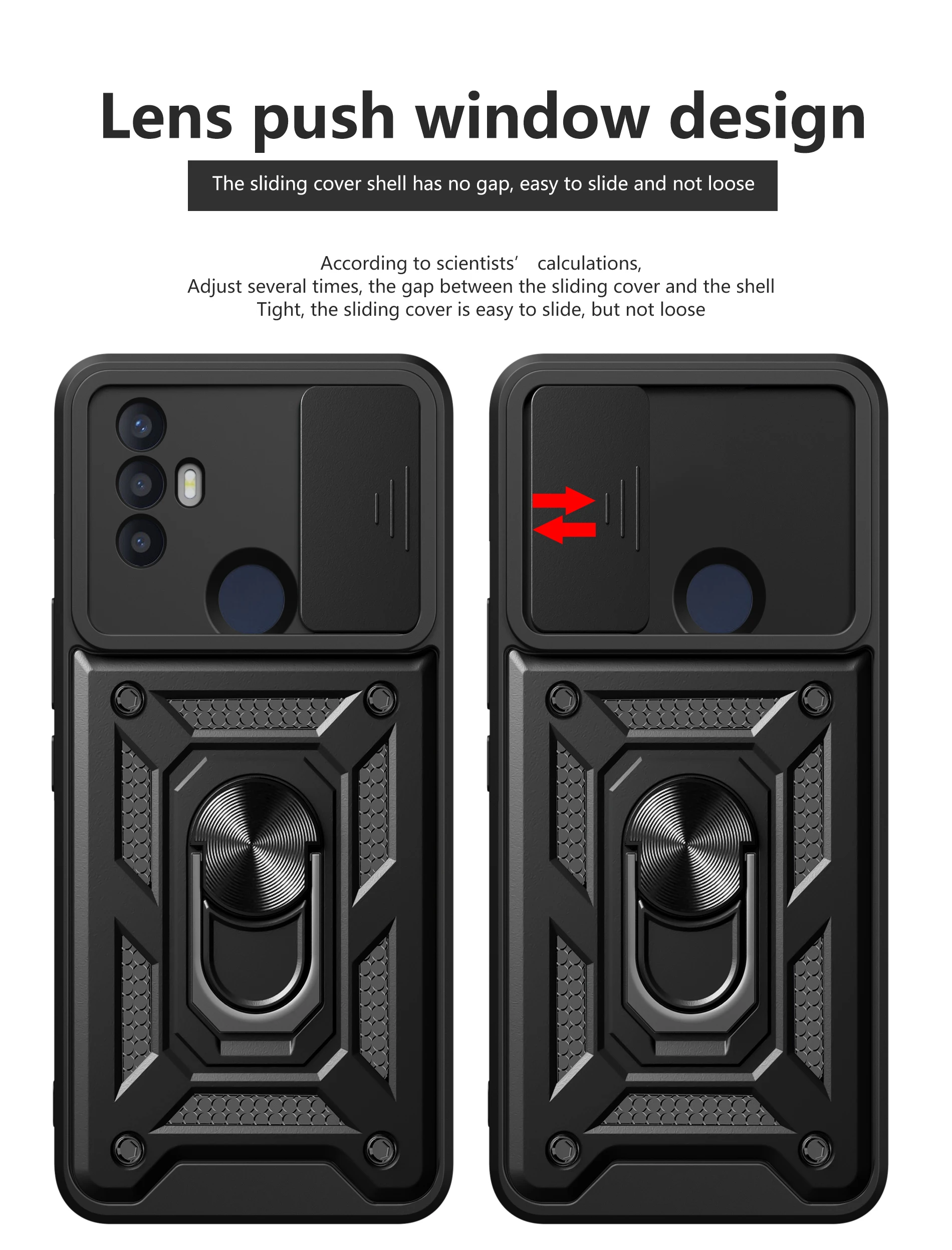 Armored Sliding Shockproof Phone Case with Camera Lens Protection and Metal Ring Holder Back Cover