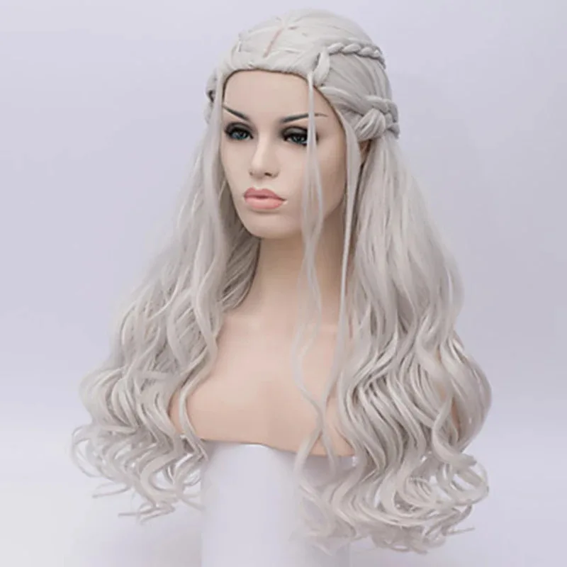 HAIRJOY ??합성 머리 코스프레 가발 실버 긴 땋은 머리 의상 코스프레 여왕 로리타 가발 여성용