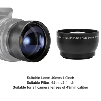 Teleobiettivo con ingrandimento 2X da 49 mm, adatto a tutti gli obiettivi fotografici con calibro da 49 mm