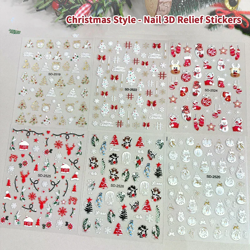 5D Embossed Christmas Nail Stickers - Tree Snowflake Elk Snowman Decals, Autumn Winter Manicure Supplies for DIY Salon Home