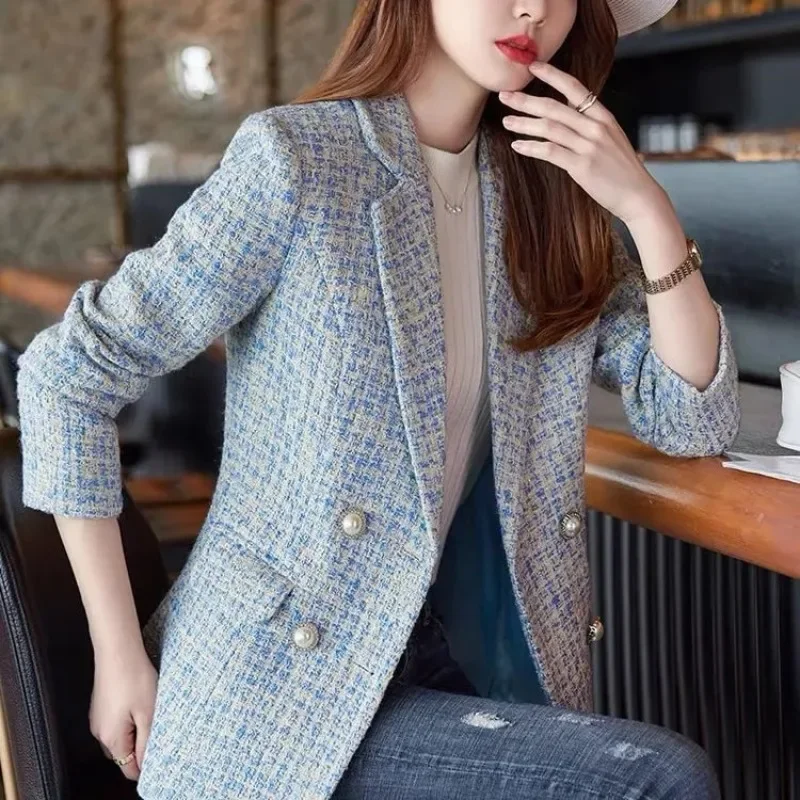 2023 New Women Jacket Spring  Fashion Double Breasted Tweed Blazer Coat Vintage Long Sleeve Female Outerwear Chic Top 2023
