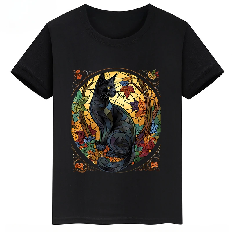 thumbnail image 1 of Camiseta de algodón de verano para niños con estampado de gato y hongo, camisetas personalizadas de manga corta negras para niños y niñas, 1 of 5
