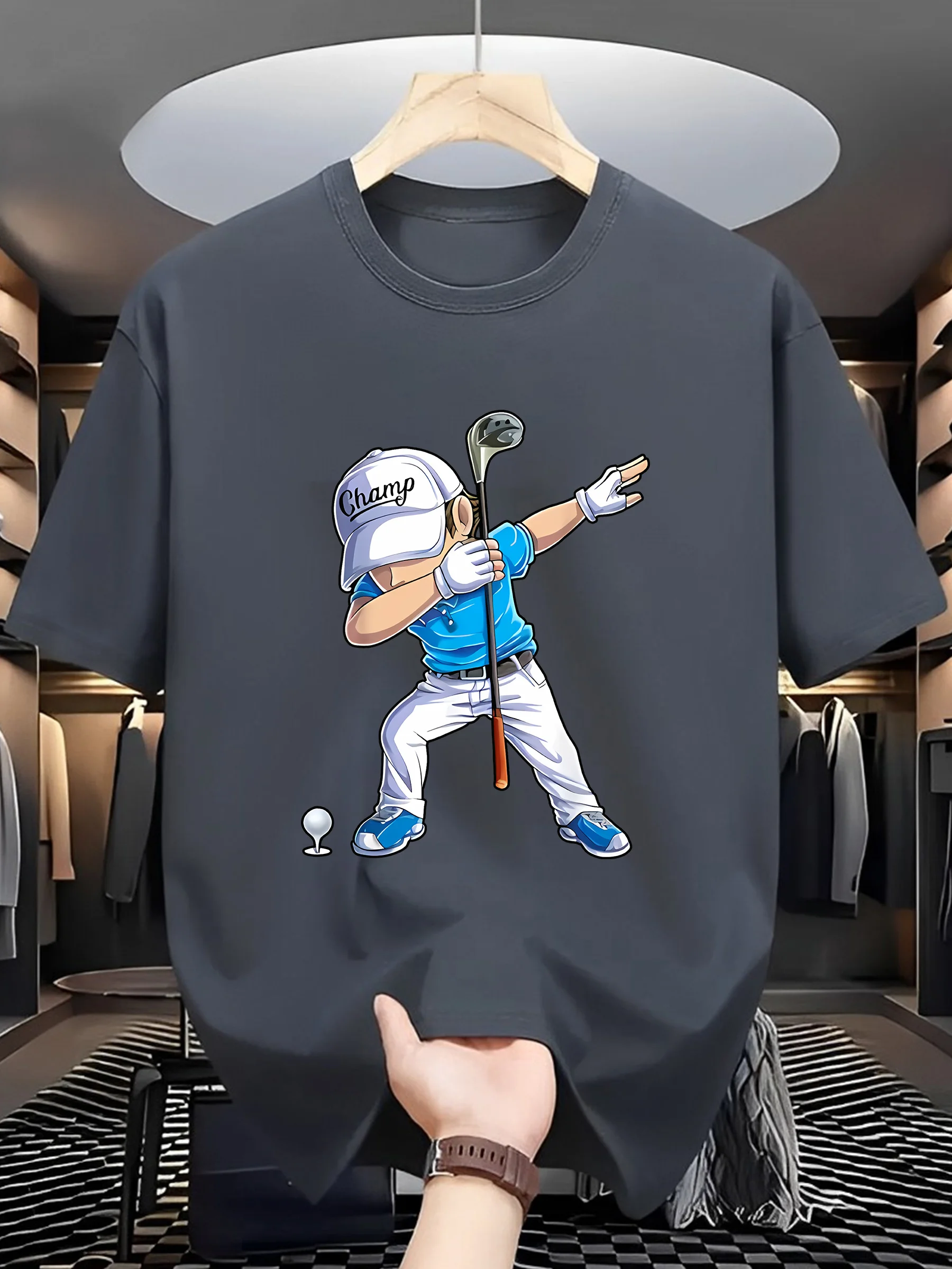 Herren Sommer 100% Baumwolle Mode Sport Freizeit Locker Geschnittenes Golfspieler-Muster Bedrucktes Rundhals-Kurzarm-T-Shirt
