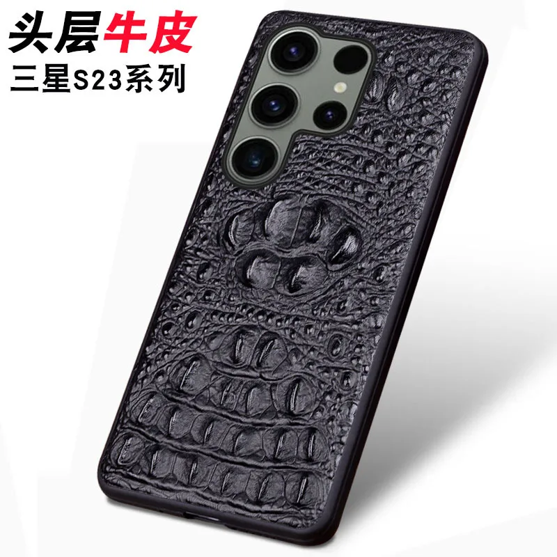 Luxury Genuine Leather Phone Case For Samsung Galaxy S23 Ultra Plus Business 3D Crocodile Skull Head Pattern Full Armor Cover