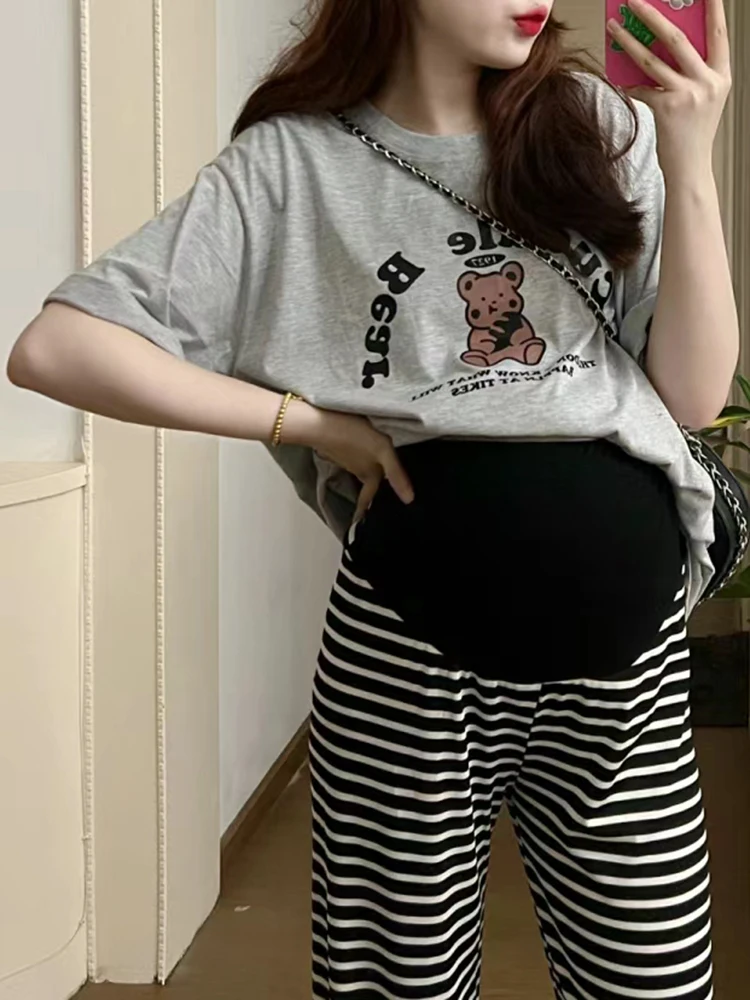 임산부를위한 여름 의상 세트 순수 코튼 얇은 반팔 티셔츠 투피스 세트 소형 한국 스타일 출산복