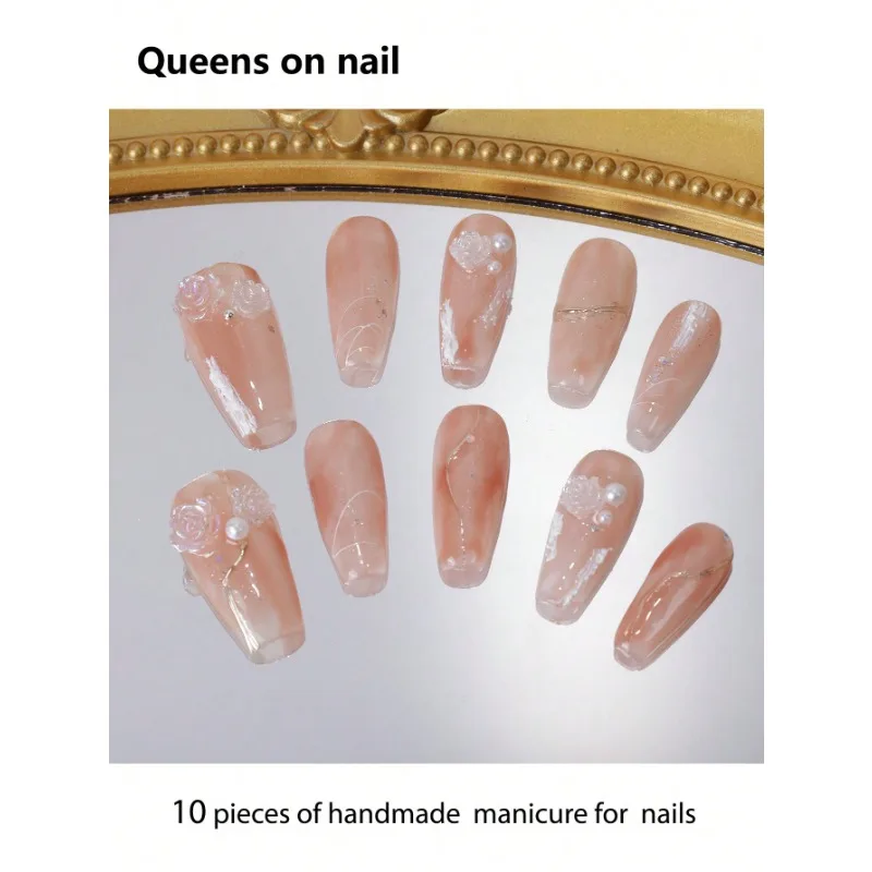 

10pcs Handmade press on Nails Long Style/Rose Decoration/Hand-Painted Gold Stripes/Smudge/Pearls Symbol Of Friendship