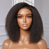 Perruque Courte Bob Lisse Kinky Péruvienne Sans Colle Cheveux Humains 13x4 Yaki Lisse Lace Front Pré-Pluckée avec Fermeture 250% 2