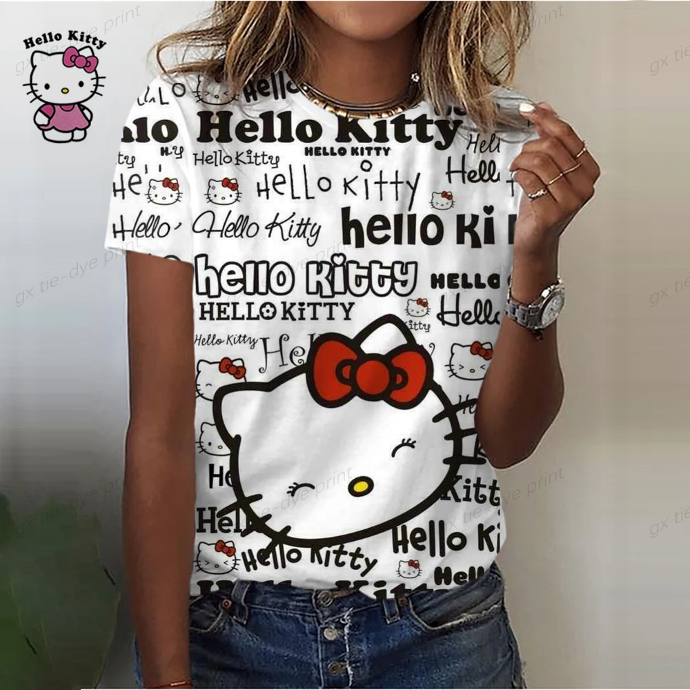 thumbnail image 1 of Camiseta de algodón de Hello Kitty para mujer, camiseta de verano con estampado de dibujos animados y cuello redondo, camisa de manga corta para mujer, chándal, ropa holgada, 1 of 4