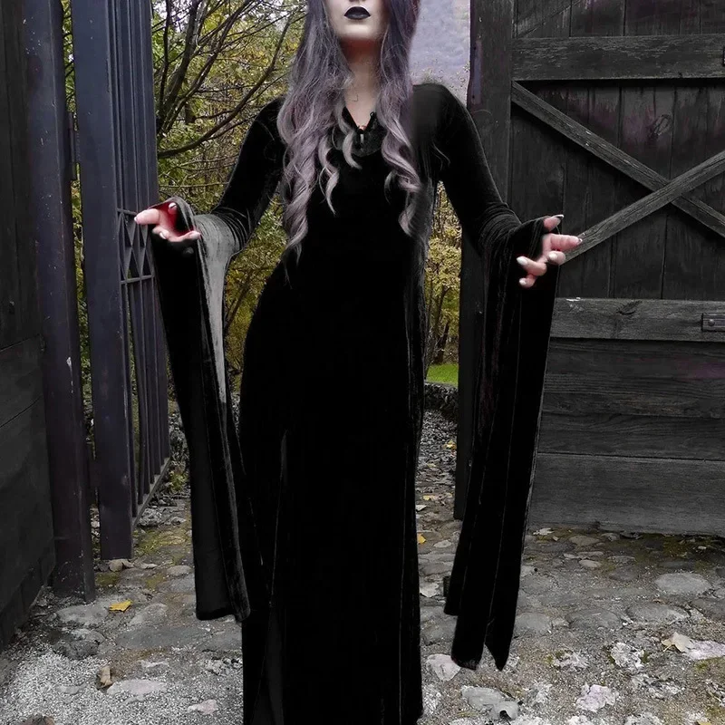 Costume Da Morticia Addams Da Donna Lungo Fino A Terra | Abito Gotico A Sirena Con Scollo A V E Maniche Svasate, Nero