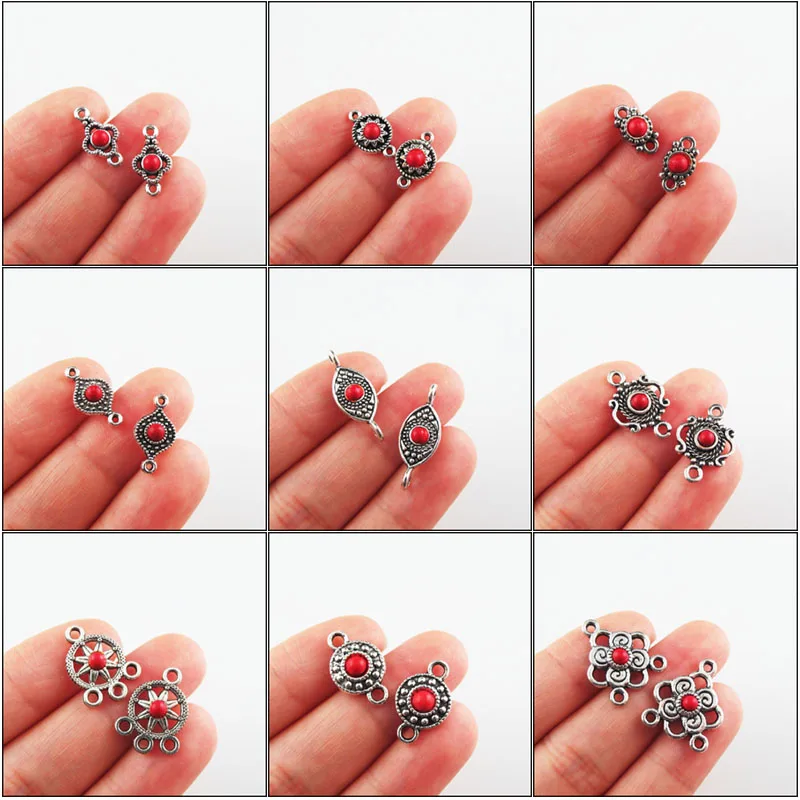 

Fashion New Red Turquoise Stone Connectors Charms Flower Oval Round Tibetan Silver Plated Pendants Retro