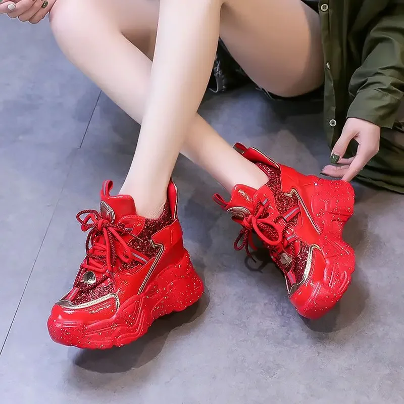 Women's Platform Sneakers 2022 Autumn Shiny Women's Slope Heel Casual Shoes Fashion High Heel Sneakers Zapatos Mujer