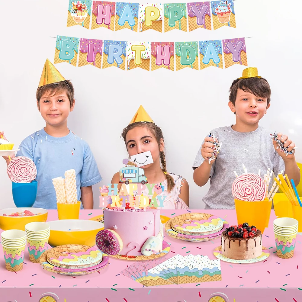 Eiscreme-Party Tischware Pappteller Becher Tischdecke Eiscreme-Thema Happy Banner Geburtstagsdekoration Baby-Shower-Zubehör – Detail 13
