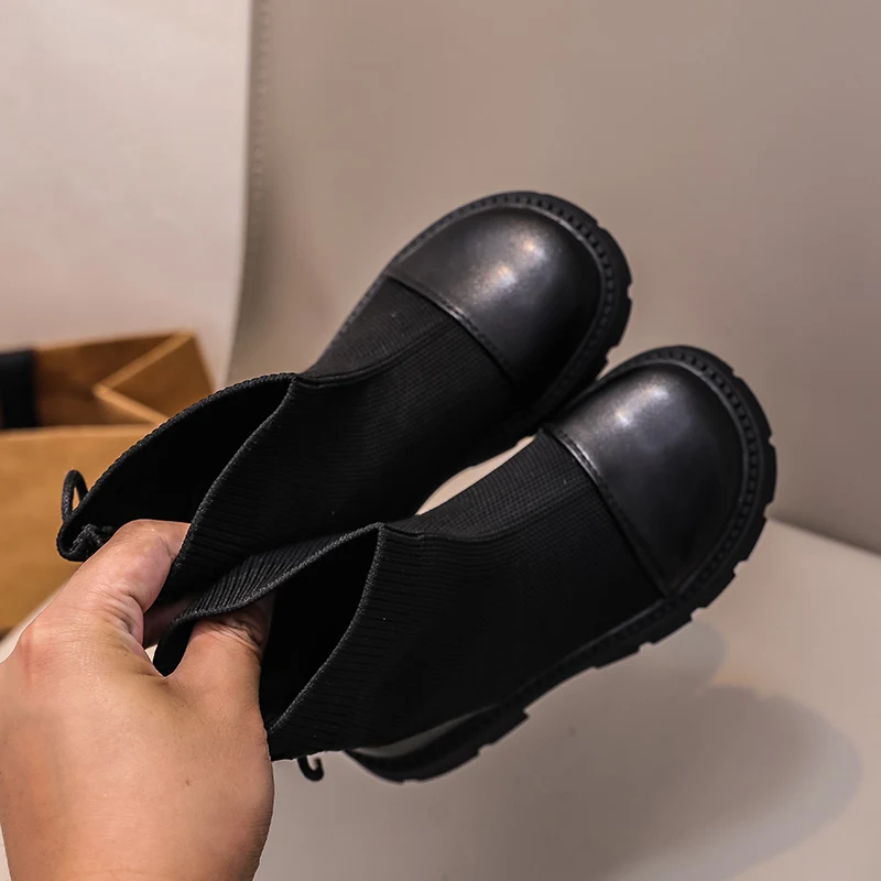 Black Leather Kids Platform Boots for School
