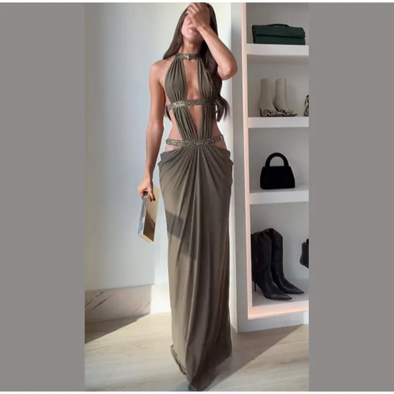 Sexy Hollow Out Sequin Halter Dress Women Sleeveless Off Shoulder Backless Pleated Maxi Dresses 2026 Lady Evening Party Gown Se10009457cfd46f0ba10522e9d9ceed74
