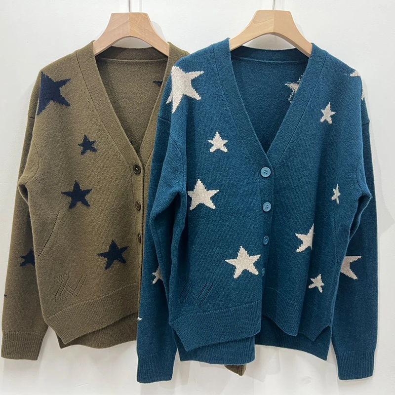 

Zadig Cashmere Cardigan Women Casual V Neck Wool Sweater Woman Winter 2023 New Sweaters Tops Female Button Star Print Cardigans