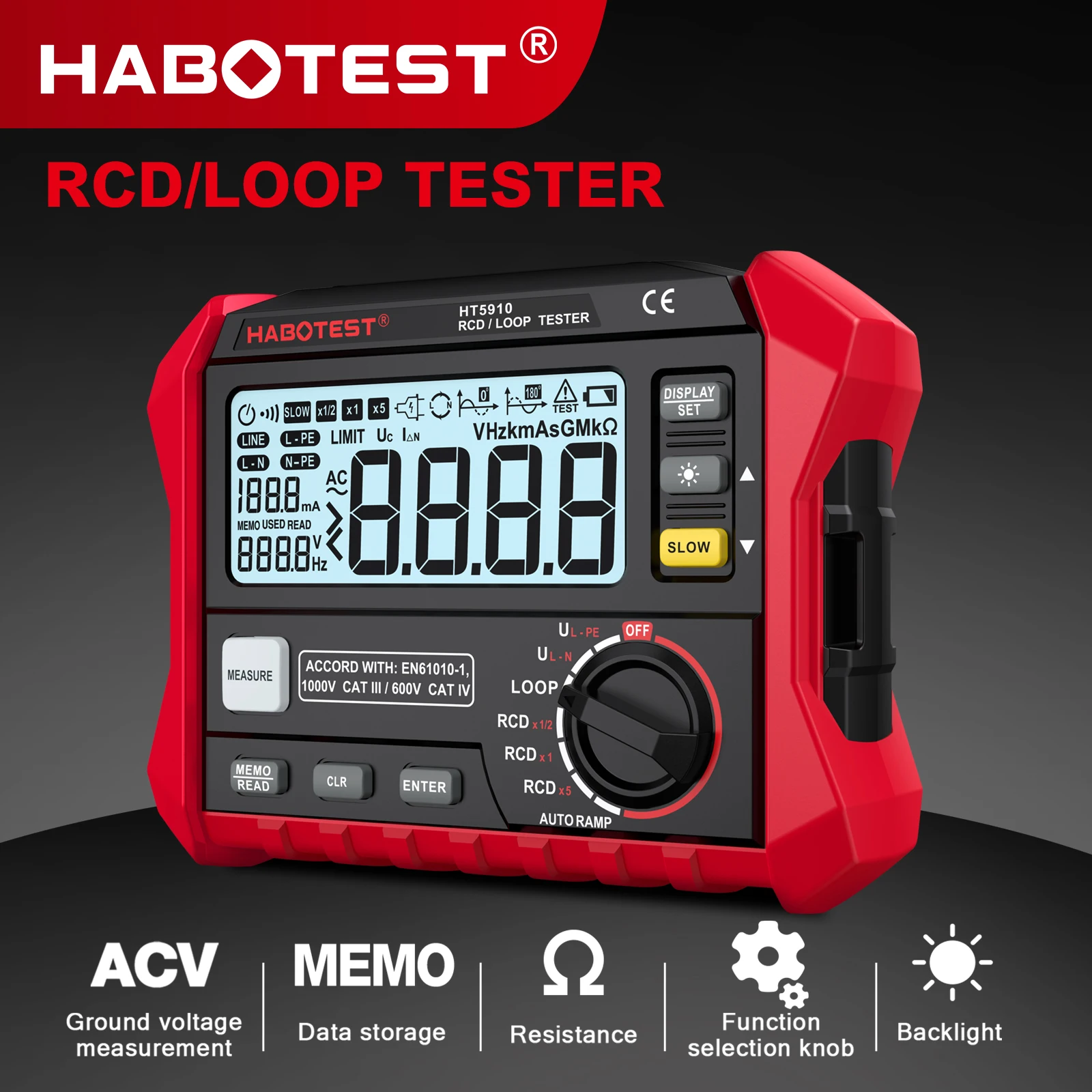HABOTEST HT5910 Leakage Switch Tester LCD Digital Resistance Meter RCD/Loop Tester 1000 Data Storage Voltmeter Megohmmeter resistance tester