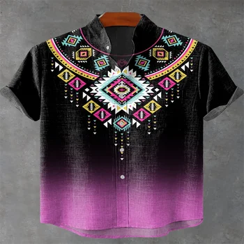 100% linen men's short-sleeved shirt retro abstract ethnic style diamond geometric totem art print casual shirt high quality