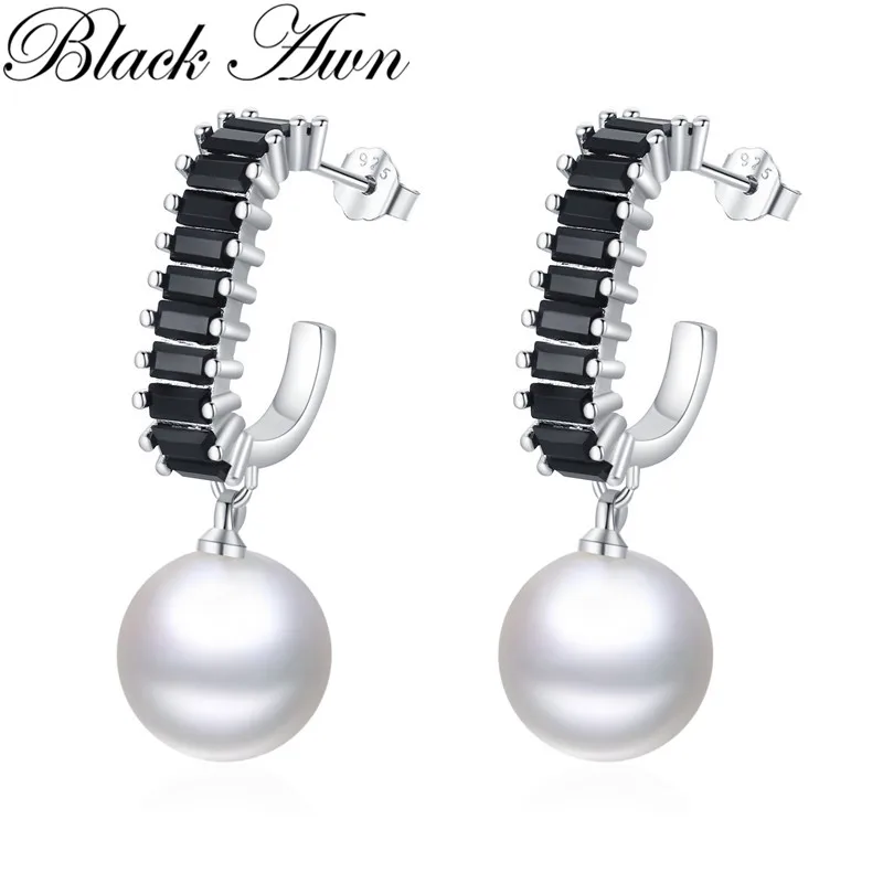 

Black Awn Round Pearl Hoop Earrings for Women Classic Silver Color Trendy Spinel Engagement Fashion Jewelry I250