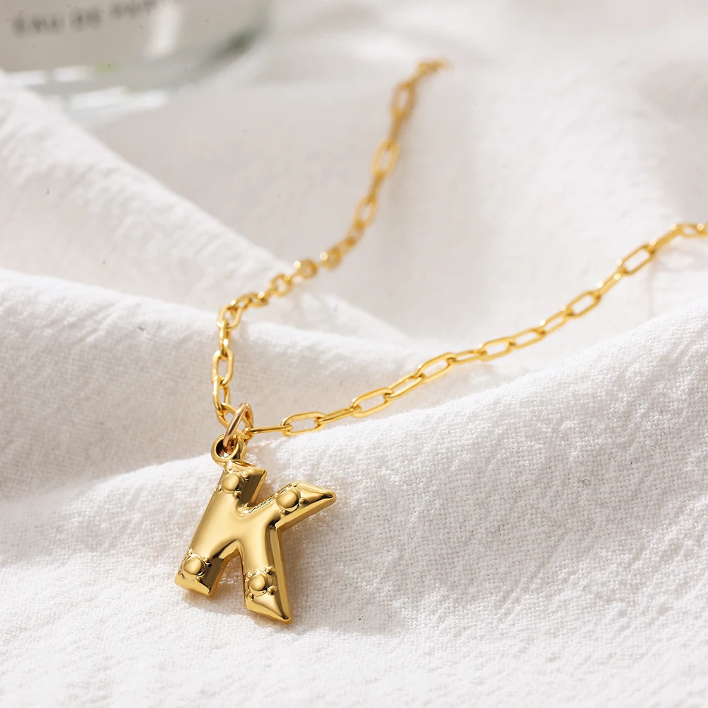 Stainless Steel Gold Plated Initial Letter Necklace Women Retro Waterproof A-Z Bubble Alphabet Choker Lightweight Jewelry Gifts