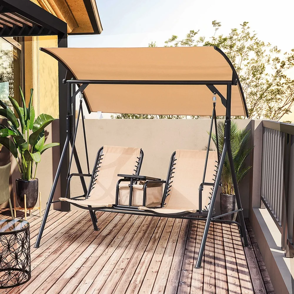 

2024 New 2-Seat Patio Swing Chair, Outdoor Canopy Swing Glider with Pivot Storage Table, Cup Holder, Adjustable Shade, Beige