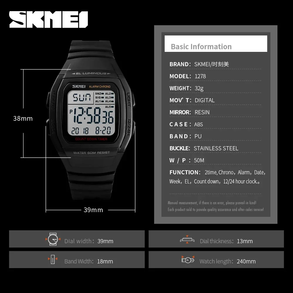 SKMEI 1278 Sports Waterproof Watch for Men Dual Time Countdown Digital Mens Wristwatch Stopwatch Alarm Clock 1381 montre homme 6