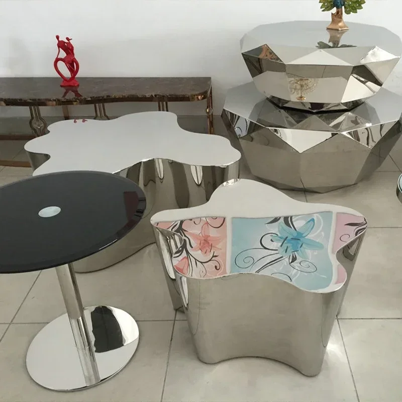 Creative opposite simple modern stainless steel mirror silver light luxury living room tea table tea table irregular