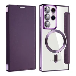 Premium Flip Leather Card Slot MagSafe Wallet Phone Case with Magnetic Wireless Charging - Samsung S24Ultra (Purple)