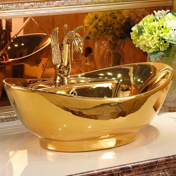 Light Luxury Bathroom Sinks Ceramic Gold Sink European Household Toilet Basin Bathroom Countertop Basin Modern Wash Hand Basin