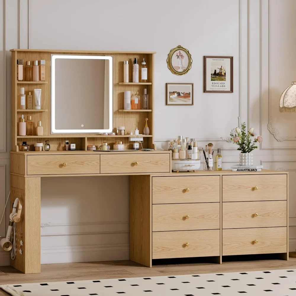 Makeup Vanity with Large Mirror, Light, and Charging Station, Modern Corner Makeup Vanity with 8 Storage Drawers and 8 Shelves 2